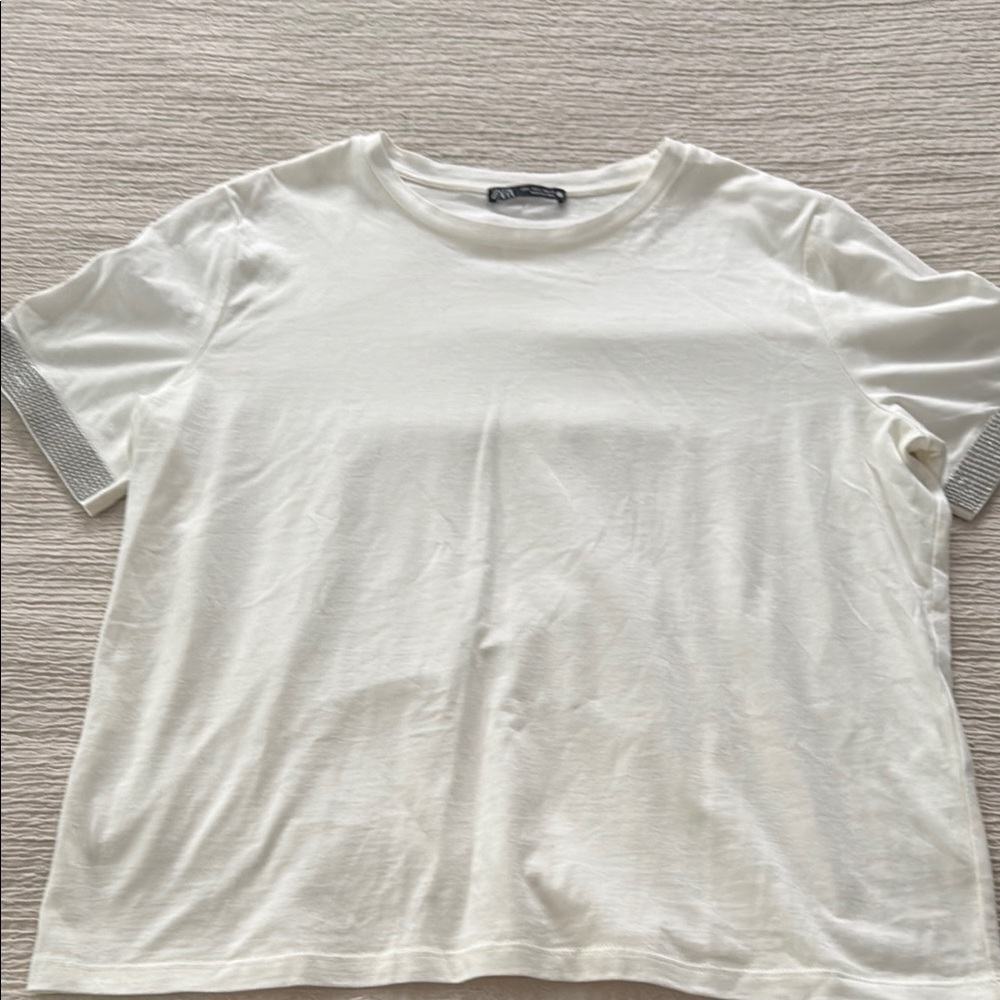 NWOT Zara White TShirt with bling Women's Top size L - Picture 1 of 6